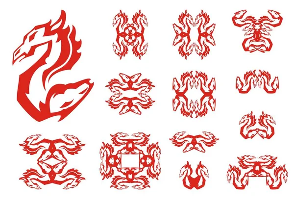Dragon Och Häst Dubbel Flammande Abstrakta Symboler Aggressiva Ovanlig Symbol — Stock vektor