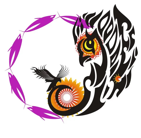 抽象鸟符号与圆圈 有装饰元素 飞鹰和由鱼形成的圆圈的火焰鹰的幼鸟 — 图库矢量图片