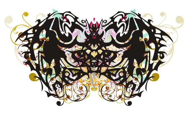 カラフルな花の水しぶきでひどい部族の蝶 白の背景色花の要素とグランジ民族の抽象的な蝶の羽 — ストックベクタ