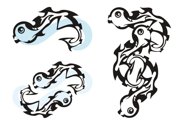 Незвичайні Рибні Символи Небезпечні Скручені Символи Риб Хвилею Племінному Стилі — стоковий вектор