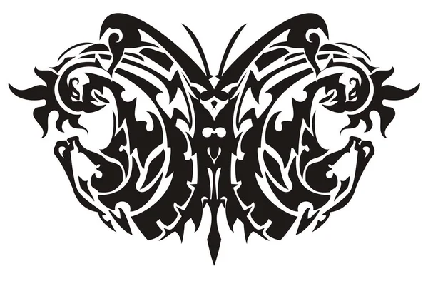 蝴蝶由马头和凤凰创造 抽象民族危险蝴蝶形成的马头和鸟凤凰纹身等 黑色在白色 — 图库矢量图片#