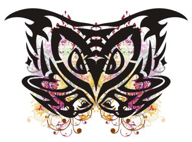 Çok renkli baykuş baş sıçraması. Sıska bir kartal baykuş çiçek öğeleri ve renk ile korkunç baş beyaz bir arka plan üzerinde