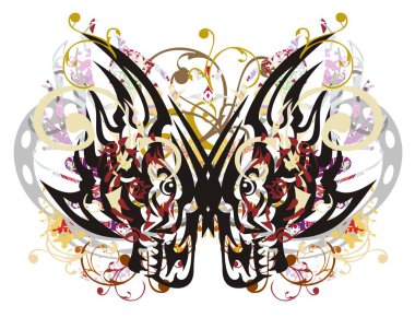 Grunge floral kelebek kurt başkanları tarafından yaratılmıştır. Beyaz zemin üzerinde bir şahin-içinde kurt bașlıkları oluşturduğu sıçramalarına mistik renkli kelebek kanatları