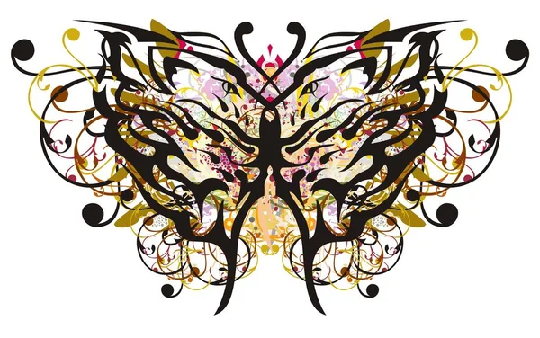 花蝴蝶翅膀与狮子头图案里面 用五颜六色的飞溅和金色的羽毛元素来奔跑不寻常的蝴蝶 — 图库矢量图片