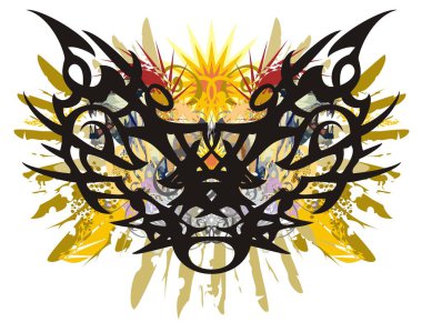 Kedi baş formdaki renkli kelebek sıçraması. Altın unsurları ile fantastik kelebek kanatları kartal ve beyaz zemin üzerine çiçek sıçramalarına renk 