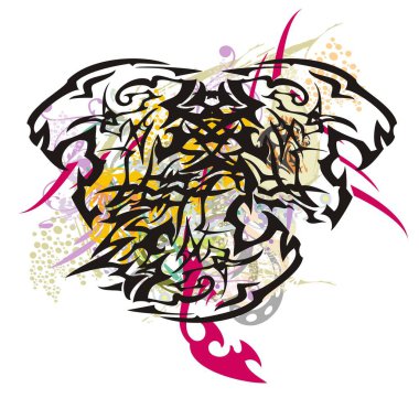 Üç başlı kaplan ile renkli sıçraması. Kaplan başkanları ile süslü çiçek öğeleri şeklinde yapışan alışılmadık kabile simgesi 