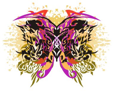 Grunge renkli yapışan kelebek kanatları. Bir kelebeğin kanat üzerindeki beyaz twirled öğelerin kullanımı ile soyut kabile benzersiz desen 