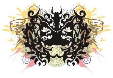 Eski bir aslan kafaları elemanları ile yapışan kelebek. Eski aslan başkanları ve bir dövme, t-shirt tasarımları, bir nakış, vb için çiçek sıçramalarına tarafından oluşturulan grunge güçlü yanan kelebek kanatları.