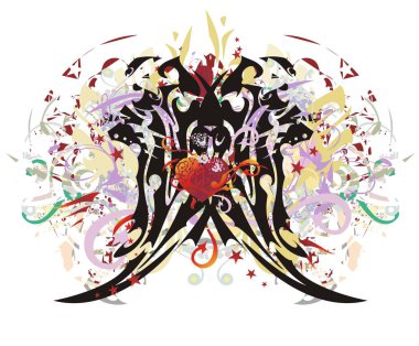 Yapışan kelebek kırmızı kalp ile. Grunge renkli etnik kelebek kanatları çiçek sıçramalarına, oklar ve kalpleri bir dekor eleman, vb olarak.