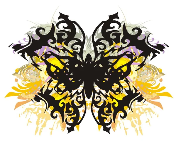 五颜六色的花蝴蝶飞溅 蝴蝶翅膀上不寻常的图案 比如狐狸头 上面有花元素 可以打印一件 纹身等 — 图库矢量图片