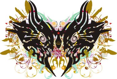 Kelebek kanatları renkli çiçek elemanları ile sıçramaları. Beyaz arka planda renk damlaları ve altın kartal kanatları elemanları ile etnik kelebek sembolü