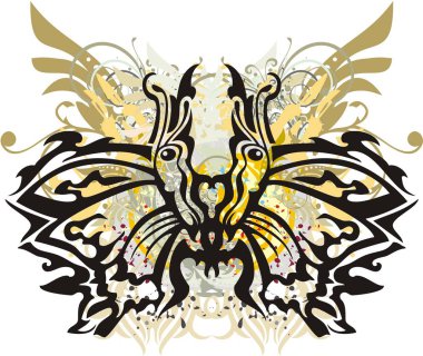 Splattered renkli kabile kelebek kanatları. Soyut tehlikeli sıradışı kelebek altın kanatları elemanları ve beyaz bir arka plan üzerinde renk çiçek sıçramaları ile