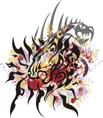 Grunge aslan kafası kırmızı kalplerle sıçratıyor. Renkli çiçek sıçramaları ve ejderha kafa elemanı, süslü kırmızı kalpler ve altın yapraklar ile kükreyen ayrıntılı oryantal dişi aslan baş