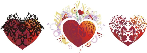 Rote Herzen Symbole Drei Optionen Grunge Und Tribal Rote Herzen — Stockvektor