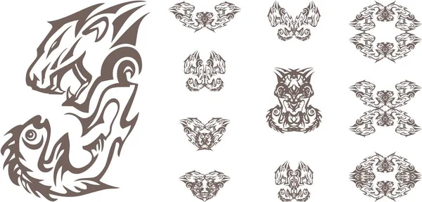 Aggressive Stammeslöwen Und Fischsymbole Auf Weißem Hintergrund Abstrakte Symbole Und — Stockvektor