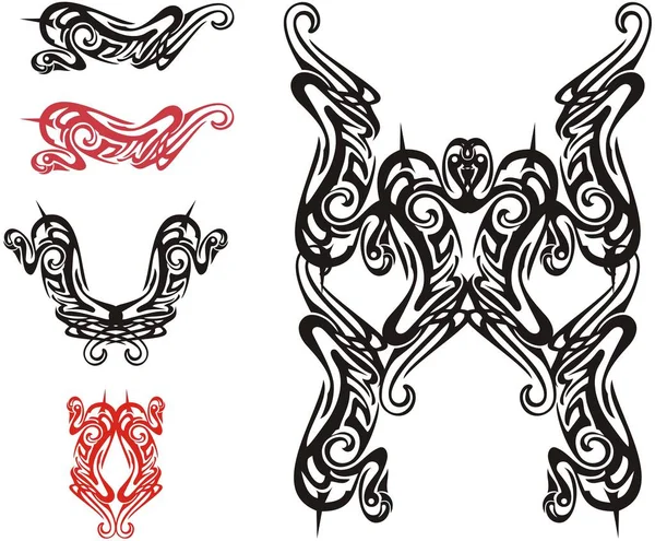 部落蛇符号和蝴蝶由它形成 矢量蝴蝶和蛇设置在黑色和红色为您的设计 — 图库矢量图片