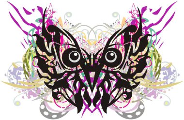 Renkli baykuş kafası sembolü sıçradı. Alışılmadık soyut baykuş kafası kelebek şeklinde ve çiçeklerle süslenmiş.