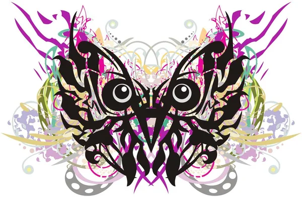 カラフルなフクロウの頭のシンボルが点滅します 花色の要素を持つ蝶の形でグランジ珍しい抽象フクロウ頭 — ストックベクタ