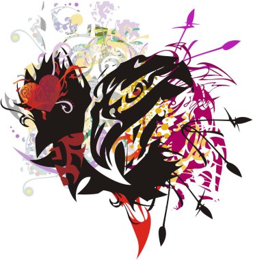 Aşık oklarla dolu renkli bir kartal kafası. Tasarımınız için açık gagalı, renk sıçramalı ve kırmızı kalpli soyut kartal kafası sembolü