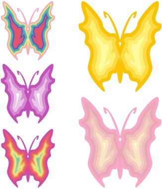Renkli kelebek kanatları sembolleri. Tebrik kartları, duvar kağıtları, dövmeler, davetiyeler, baskılar, etiketler, dekoratif kompozisyonlar için beyaz arka planda beş renkli kelebek.