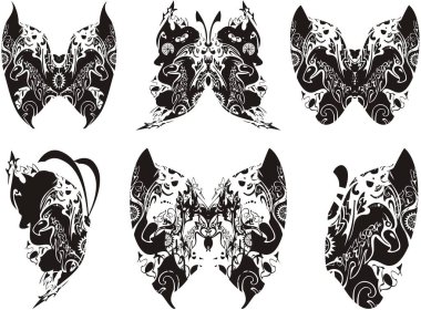 İçinde kartal desenli dekoratif kelebek kanatları. Dövmeler, baskılar, tekstil ürünleri, duvar kağıtları ve senin fikirlerin için alışılmadık kelebek siluetleri. Beyaz üzerine Siyah