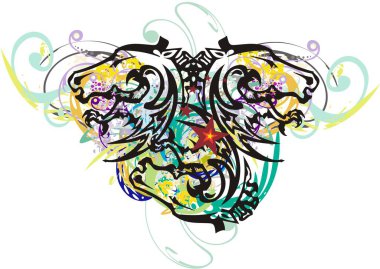 Üçlü at kafasının renkli patlamaları. Tişörtler, tekstil, duvar kâğıtları vs. için beyaz zemin üzerinde at ve kartal elementleri tarafından oluşturulan sıra dışı bir sembol..