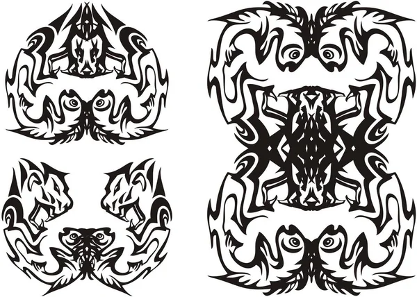 Double Lion Abstrait Symboles Poissons Symboles Fantastiques Lion Poisson Agressifs — Image vectorielle