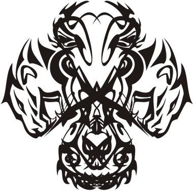 Hayvan kafalarından oluşan süs haçı. Hayvan kafaları dini bir sembol oluşturuyor. Projeleriniz için bir haç. Beyaz üzerine Siyah