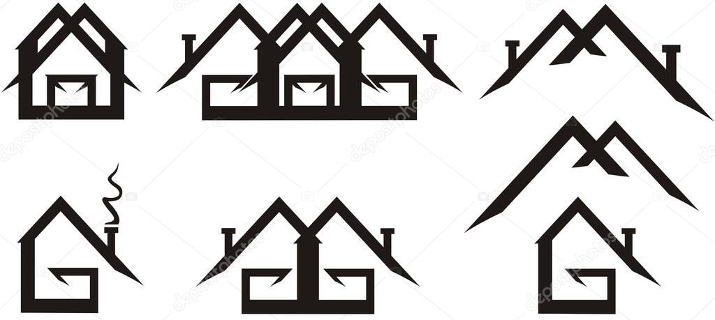 Real estate logos isolated on white. Geometric emblems of houses, stylized in the form of the letters G and M. Logo, flat, real estate, web icons. Black and White