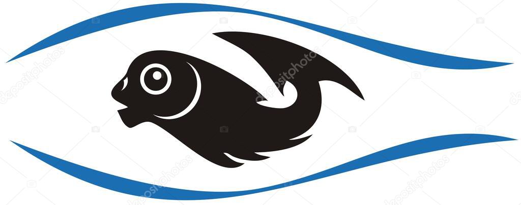 Fish concept on a white backdrop. Silhouette of twisted fish inside huge fish -  eye-shaped stylization