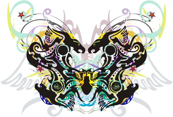 龍の要素を持つカラフルな花蝶の翼 花のスプラッシュと壁紙 テキスタイル Tシャツのプリントなどの装飾的な要素を持つ美しい珍しい蝶の翼 — ストックベクタ