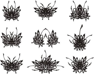 Siyah ve beyaz tonlarda dekoratif tropikal çiçek sembolleri. Çiçek motifleri tekstil, dövme, tebrik kartları, dekoratif unsur olarak, amblemler, baskılar, posterler, duvar kağıtları, vb..
