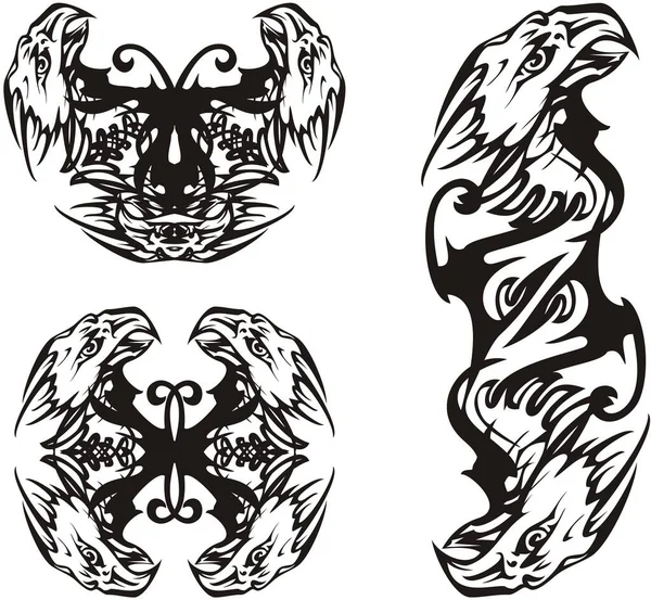 Siyah Beyaz Tonlarda Kabile Kartalı Sembolleri Nakışlar Dövmeler Logolar Nakışlar — Stok Vektör
