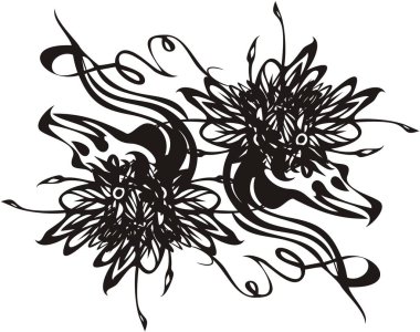 İki güzel çiçek kuşunun sembolünü süsleyin. Balıkçıl, dövmeler, tebrik kartları, dekoratif öğeler, amblemler, baskılar, duvar kağıtları vesaire için balıkçıl başları tarafından oluşturulan soyut çarpık çiçek sembolü..