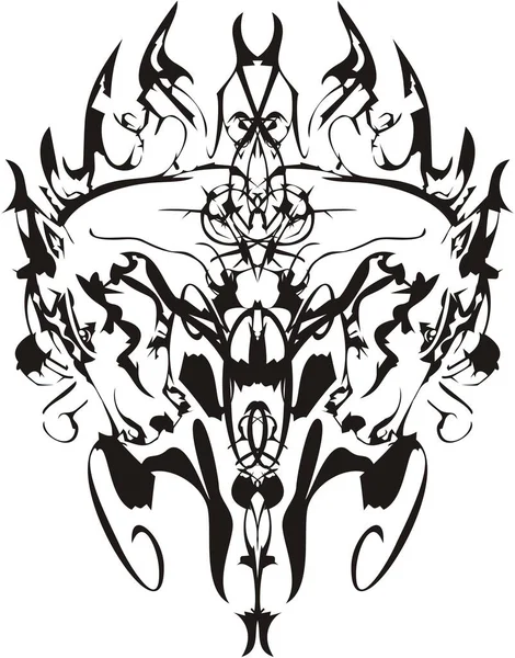 線形のダブルマスタングの頭のシンボルの炎 タトゥー ポスター Tシャツのプリント 壁紙などのための火の形で馬の頭 黒と白 — ストックベクタ