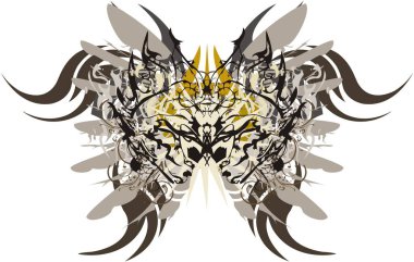 Pastel renkte korkunç kelebek kanatları. İçinde alışılmadık bir desen olan soyut tehlikeli kelebek ve duvar kağıdı, baskı, tekstil gibi beyaz arka planda kartal tüyü elementleri..