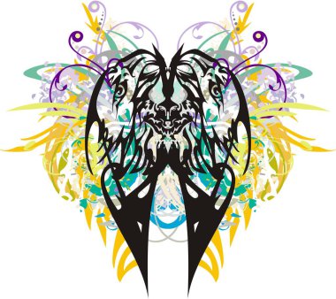 Kartal başlıklı süslü kelebek kanatları. Kartal başlarının oluşturduğu kabile kelebek kanatları. Yaratıcı fikirleriniz için beyaz arka planda renkli sıçramalar.