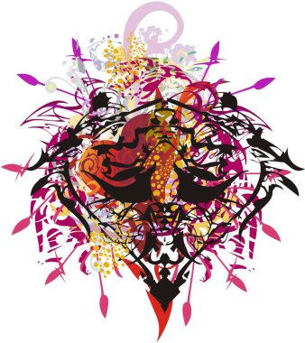 Sıra dışı bir şablonla küt küt bir kalp. Tatiller, etkinlikler, baskılar, tekstil, duvar kağıtları vs. için beyaz arka planda okları ve çiçek elementleri olan soyut parlak kalp.