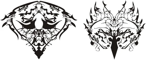 ハートと蝶の形で二重馬の頭のシンボル カード エンブレム タトゥー ポスター Tシャツのプリント 壁紙などのための線形馬のシンボルを炎 二つの選択肢 — ストックベクタ