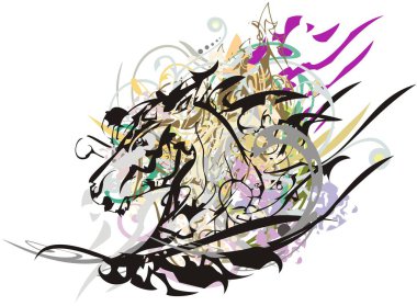 Renkli sıçramalarla homurdanan at kafası. Duvar kağıdı, posterler, baskılar, dekoratif kompozisyonlar vs. için beyaz arka planda çiçek elementleri olan güzel soyut Mustang kafası.