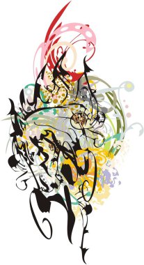 Sıçrayan güzel at kafası sembolü. Duvar kağıtları, posterler, tekstil vb. için renkli çiçekli alevli mustang kafası ve dekoratif elementler..