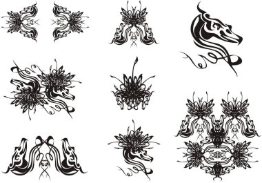 Çiçeksel elementlerle siyah beyaz kuş seti. Beyaz arka planda balıkçıl ve çiçek motifleri tarafından oluşturulan bayramlar ve etkinlikler için dekoratif semboller.