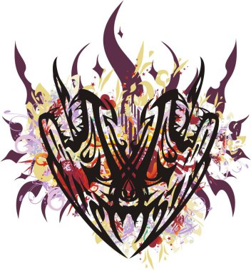 Renkli sıçramalarla yanan bir kalp. Tatiller, etkinlikler, tişörtler, tekstil, duvar kağıtları vs. için beyaz arka planda çiçek ve dekoratif unsurları olan vahşi bir kalp sıçradı..