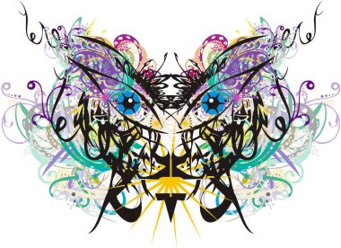 Renkli şapkaları olan güzel bir kaplan maskesi. Tatiller ve etkinlikler için beyaz arka planda süslü gözleri ve çiçek unsurları olan kaplan kafası, duvar kağıdı, baskılar, dekoratif kompozisyonlar.