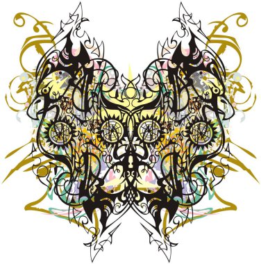 Süslü çift kartal sembolü çiçek serpintisi. Bir kartalın soyut doğrusal sembolü, tekstil, duvar kâğıdı, dövme, tişört üzerindeki baskılar gibi renkli elementlere sahip bir kelebeğe benzer..