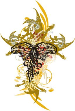 Ejderha kafalı, alevli, çift başlı kartal. Yaratıcı fikirleriniz, duvar kağıtlarınız, posterleriniz, baskılarınız, vs. için iki başlı altın ve çiçekli kartal..