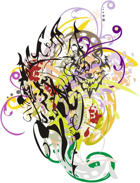 Kolorowa Głowa Konia Rozpryskuje Się Kwiatowymi Dekoracyjnymi Elementami Grunge Abstrakcyjny — Wektor stockowy
