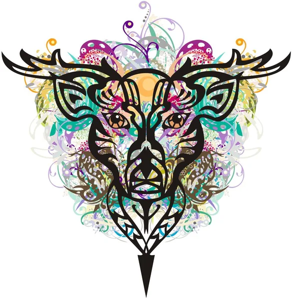 草の花の鹿の頭のスプラッシュ ポスター プリント あなたの創造的なアイデアのための色の糸花の要素と白い背景に装飾的な鹿の頭 — ストックベクタ