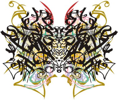 Tehlikeli renkli kelebek kanatları sıçrıyor. Fikirleriniz, baskılarınız, duvar kağıtlarınız vs. için çiçek desenli sanatsal bir çizgiden oluşan soyut kelebek kanatları..