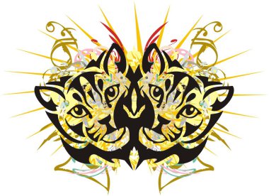 Soyut çift kedi kafası renkli sıçramalar. Dekoratif kompozisyonlar, baskılar, tekstil, duvar kâğıdı vs. için beyaz zemin üzerinde bir güneş çiftli kedinin sembolü.